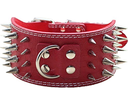 3" Sharp Spiked Studded PU Leather Dog Collar for Training,Sports,Walking,Medium,Large,X-Large,for Pitbull,Labrador,Boxer (M, Red) - color: Red, size: M