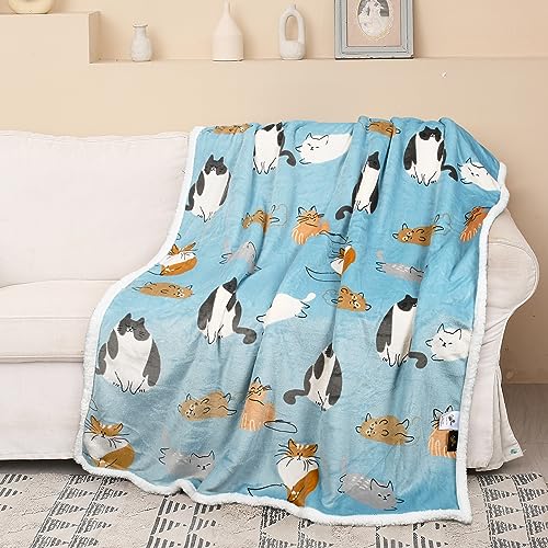 Catalonia Cat Print Sherpa Fleece Throw Blanket, Soft Mink Plush Couch Blanket, Fuzzy Fluffy Comfy Warm Throws, Comfort Caring Gift, 50x60 inches, Baby Blue - color: Cat Blue, size: 50"x60"
