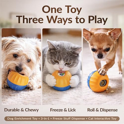 S Size 3-in-1 FrostLick Frozen Treat Ball & Treat Dispensing & Tough Chew Toy, No-Transfer Fill & Freeze Lick Cup, for Puppy Small/Mini/Tiny Dogs and Cats