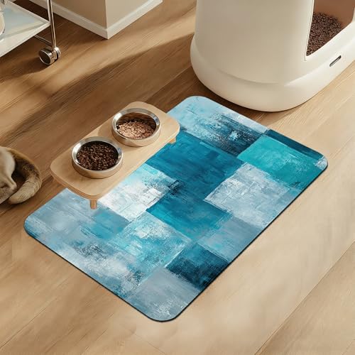 Blue Teal Dog Cat Food Mat–Absorbent Waterproof Placemat for Food and Water Bowls, Non Slip Rubber Backing, Feeding Mat for Clean Floors 12"x20" - color: Blue Teal, size: 12"L x 20"W