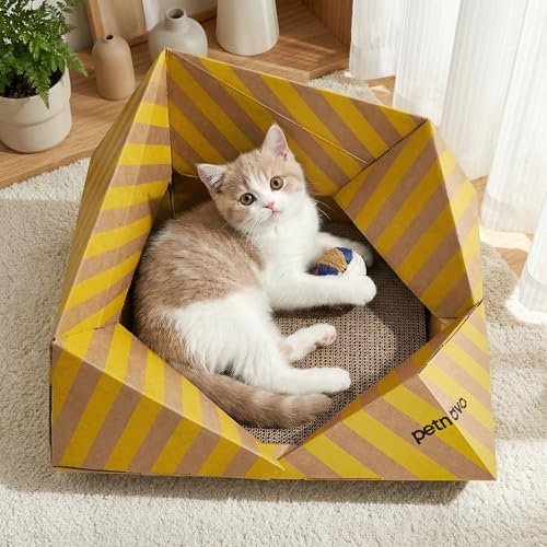 Foldable Cardboard Cat House & Bed for Indoor Cats – Origami Cat Cardboard Hideaway with Honeycomb Scratcher Pad, Collapsible Travel-Ready, FSC-Certified, Silver Award Winner, Yellow - color: Yellow