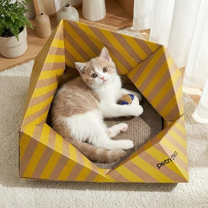 Foldable Cardboard Cat House & Bed for Indoor Cats – Origami Cat Cardboard Hideaway with Honeycomb Scratcher Pad, Collapsible Travel-Ready, FSC-Certified, Silver Award Winner, Yellow - color: Yellow