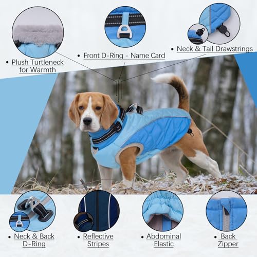 Winter Dog Coats for Large Dogs, Turtleneck Winter Jacket, Windproof Fleece Snowsuit, Reflective Cold Weather Clothes with D Ring and Adjustable Buckles, Large Dog Vest- L Blue - color: Blue, size: Large
