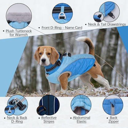 Zippered Small Dog Winter Coat, Turtleneck Reflective Fleece Jacket, Water Resistant Warm Dog Clothes with Buckles & D Ring for Leash and Name Card - S Blue - color: Blue, size: Small
