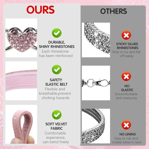BINGPET 2 Pack Diamond Cat Collar with Bells and Safety Belt, Adjustable Soft Velvet Kitten Collar with Bling Heart Jewelry, Cute Black & Pink Cat Collars for Girls & Boys(Neck Girth 8"-10") - color: Pink & Black(Heart), size: Neck Girth 8"-10"