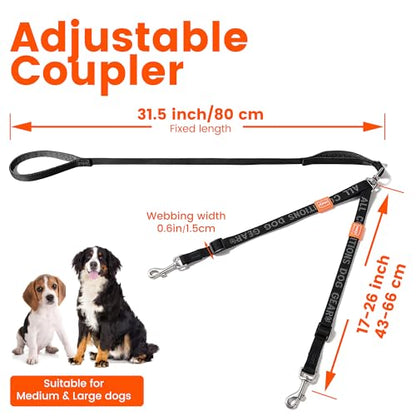 Double Dog Leash, No Tangle 360° Swivel, Adjustable Two Padded Handles, Double Clip Dog Leash Coupler Splitter Breeds (Brown, 4/5'' x 4.8 FT, Std) - color: Brown, size: Std M/L Handle