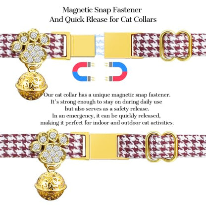 Personalized Breakaway Cat Collars - Magnetic Buckle, Bell - Safety Quick Release, Customized for Girls & Boys Cats- (Houndstooth-Burgundy) - color: Houndstooth-Burgundy