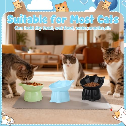 3 Pcs Elevated Cat Bowls 15°Raised Cat Food Bowl with Silicone Mat Whisker Friendly Anti Vomiting Cats Dishes Pet Food and Water Bowls for Indoor Cats Kittens Classic Blue, Black, Green Colors - color: Blue, Black, Green
