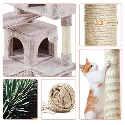 Yaheetech 54in Cat Tree, Cat Tower with Double Condo, Sisal Scratching Posts, and Dangling Balls, Pet Furniture Kitten Play House - color: Brown/White, size: 54in
