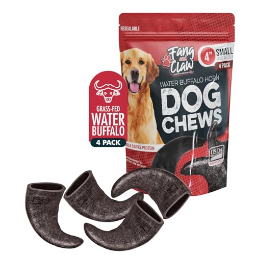 Water Buffalo Horn Dog Chew 4 Pack - Small 4" - All Natural Free Range Grass Fed Single Source Protein - No Chemicals, Additives, Hormones - Long Lasting, Good for Aggressive Chewers – by Fang & Claw - style: 4 Horns - Small 4"