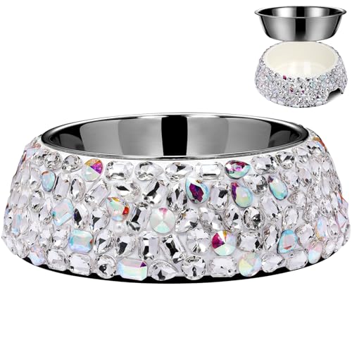 SlowVibes Diamond Stainless Steel Dog Bowls,Bling 7oz Detachable Metal Food Water Bowl for Feeding Dogs Cats,Rust Resistant Non-Slip Puppy Dish,Sparkle Essentials Fancy Dish for Small Girl Pets - color: Gemstones, size: S-¾ cup/7oz