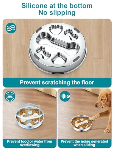Slow Feeder Dog Bowls，8.2-inch Diameter Dog Slow Feeder Bowl，304 Stainless Steel Heavy Duty with Non-Slip Rubber Base，2Cups Capacity for Medium & Large Dogs to Slow Down Eating