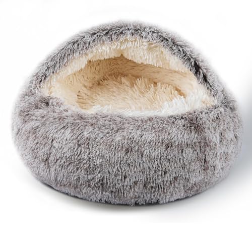 Cat Bed for Indoor Cats, Calming Cozy Cave with Self-Warming Plush, Entire Bed Machine Washable & Anti-Slip Base, Breathable Pet Bed for Small Cats&Dogs All Seasons (Khaki, 20 * 20inch) - color: Khaki, size: 20*20inch