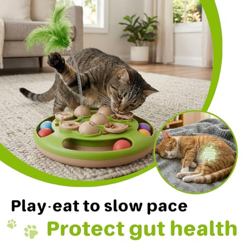 Walfront Interactive Cat Toy for Indoor Cats, Feather Spring Cat Toy with Rolling Balls, Tree Shape Puzzle Track Toy for Kittens, Self Play Cat Activity Center, Boredom Relief Hunting Exercise Toy