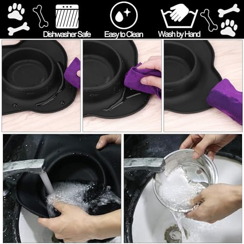 Dog Food Bowls Stainless Steel Pet Bowls & Dog Water Bowls No Spill Non Skid, Feeding Bowls with Dog Bowls Silicone Mat for Small Medium Large Size Dogs, Cat Pet Dog Dishes Set, Black, 3 Cup - color: Black, size: 3 Cup/27 oz each