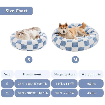 Ohocut Checkered Cat Dog Bed, Cute Blue Retro Style Aesthetic Round Warming Pet Calming Beds for Small Dog and Cats, Plush Cozy Donut Beds Washable, 23" L x 23" W x 8" Th - color: Blue, size: 23"L x 23"W x 8"Th