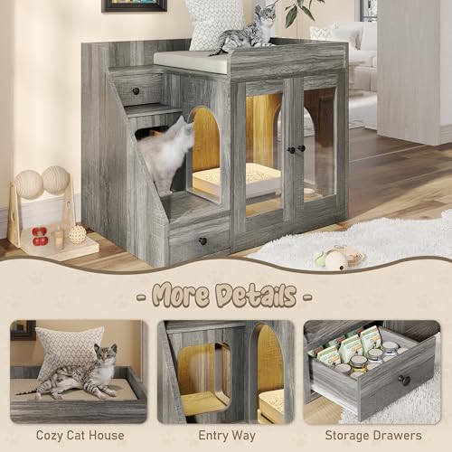 Merax Cat Litter Box Enclosure Furniture with Light,Hideaway Litter Box Furniture with 2 Storage Drawers for Living Room,Gray - color: Grey