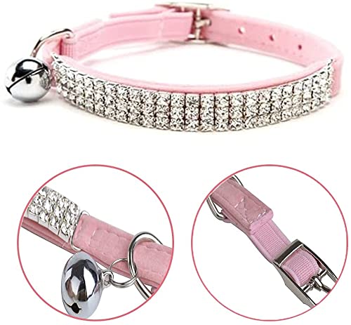 CHUKCHI Soft Velvet Safe Cat Adjustable Collar Bling Diamante with Bells,11 inch for Small Dogs and Cats (Pink- 2 Pack) - color: Pink- 2 Pack