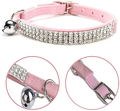 CHUKCHI Soft Velvet Safe Cat Adjustable Collar Bling Diamante with Bells,11 inch for Small Dogs and Cats (Pink- 2 Pack) - color: Pink- 2 Pack