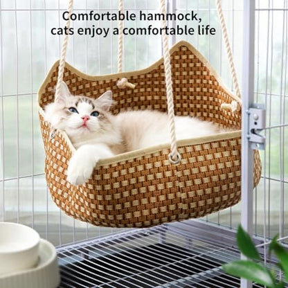 Breathable Pet Cage Hammock with Metal Hooks, Rattan and Bamboo Woven Cat Hammock for Kittens, Rabbits, Small Dogs, Cat Hanging Bed for Cage (Green)