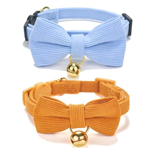 2 Pack Soft Corduroy Cat Collar, Plaid Pattern, with Bell and Bowtie, Safety Breakaway Clasp, Adjustable for and Cats.(Adult Cat, Orange+Blue) - color: 2 Pack (Orange+Blue)
