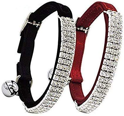 CHUKCHI Soft Velvet Safe Cat Adjustable Collar Bling Diamante with Bells,2 Pcs Black+Red - color: Black+Red