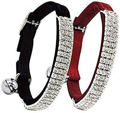 CHUKCHI Soft Velvet Safe Cat Adjustable Collar Bling Diamante with Bells,2 Pcs Black+Red - color: Black+Red