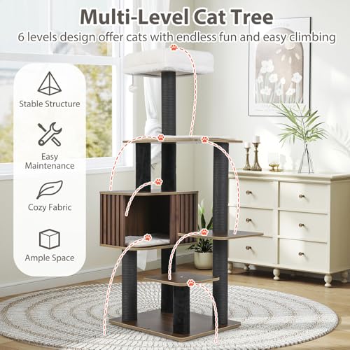 PETSITE 59.5 Inches Modern Cat Tree, Multi-Level Cat Tower with Scratching Posts, Large Condo with Removable Pad, Cushioned Soft Top Perch, and Interactive Dangling Ball (Brown) - color: Brown