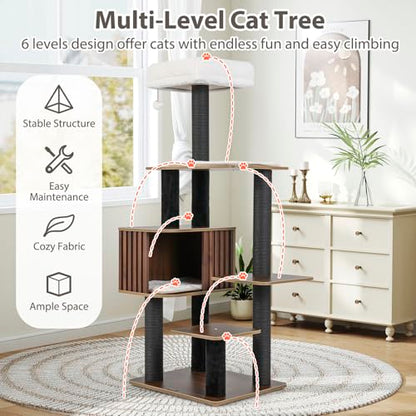 PETSITE 59.5 Inches Modern Cat Tree, Multi-Level Cat Tower with Scratching Posts, Large Condo with Removable Pad, Cushioned Soft Top Perch, and Interactive Dangling Ball (Brown) - color: Brown