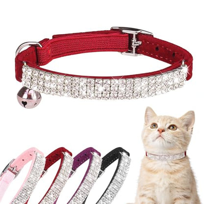 BINGPET Diamond Cat Collar with Bell, Adjustable Soft Velvet Bling Rhinestone Cat Collar, Sparkly Kitten Collar with Safety Elastic & Metal Buckle for Small Medium Cats - color: Red(Rhinestones), size: Neck Girth 8"-10"