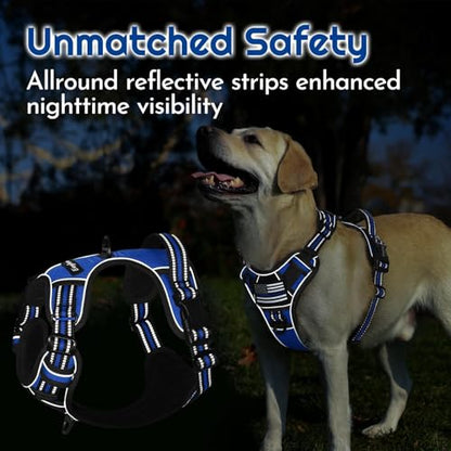 Dog Harness Medium Sized, Easy Wearing with 3 Buckles, Adjustable No Pull Pet Harness with 2 Rings for Walking, No Chock Reflective Soft Padded Vest with Control Handle, Blue & Black, M - color: Blue & Black, size: Medium