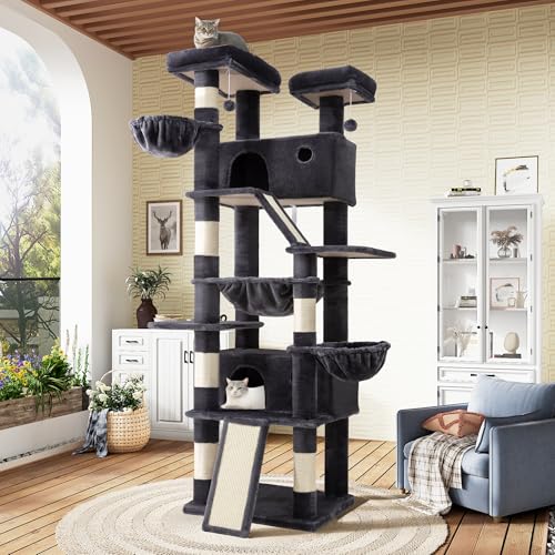 SHA CERLIN 81in Multi-Level Tall Cat Tree Tower for Indoor Kitties/Larger Cat Condo Furniture with Hammock/Cozy Pussycat Perches/Sisal Scratching Posts/Pet House/Wide Base/Dark Grey - color: Dark Grey