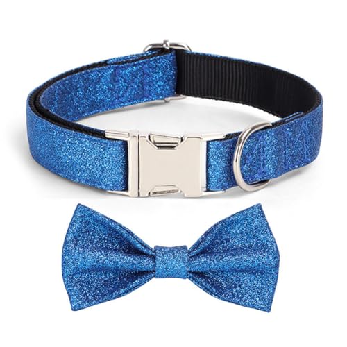 YSHOME&PET Bling Dog Collar with Bow Tie, Sequin Bowtie Dog Collar with Metal Buckle D-Ring Adjustable Soft Pet Collars for Cats Small Medium Large Boy or Girl Dogs Daily Walking or Holiday Party - color: Blue, size: Medium