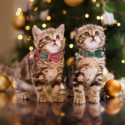 ADOGGYGO Christmas Cat Collars Breakaway with Removable Bow Tie Bell, 2 Pack Red Green Plaid Christmas Bow Collar for Cats Kittens - color: Christmas-1