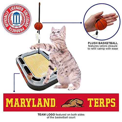 Cat Scratch Toy NCAA Maryland Terrapins Reversible Basketball Court Felt/Cardboard Cat Scratcher Toy. Interactive Cat Ball Bell in Tracks. 6-in-1 CAT Toy: Cat Wand Poll Catnip-Filled Plush Basketball - color: Maryland Terrapins