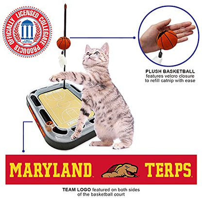 Cat Scratch Toy NCAA Maryland Terrapins Reversible Basketball Court Felt/Cardboard Cat Scratcher Toy. Interactive Cat Ball Bell in Tracks. 6-in-1 CAT Toy: Cat Wand Poll Catnip-Filled Plush Basketball - color: Maryland Terrapins