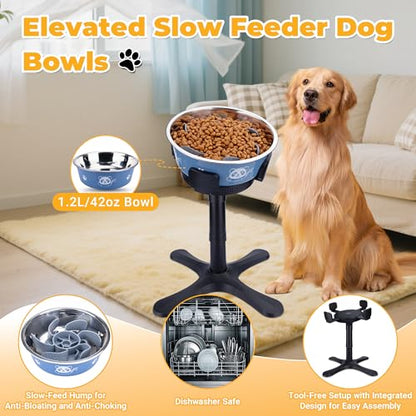 Elevated Slow Feeder Dog Bowl Adjustable Stand,Tilted ABS Base,Fits 5.5-9.5" Bowls, Anti-Spill & Non-Slip, Heavy Duty for Med/Large Dogs(with Stainless Steel Bowls 2 Pack) - size: B -Slow Feeder Insert 2