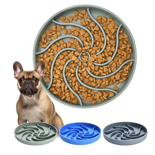 Silicone Slow Feeder Dog Bowls,Puzzle Dog Feeding Bowls with Suction Cups,Healthy Eating,Slow Feeding Anti Slip Design for Small and Medium-Sized Dogs, Dishwasher and Microwave Safe (Grey Green)