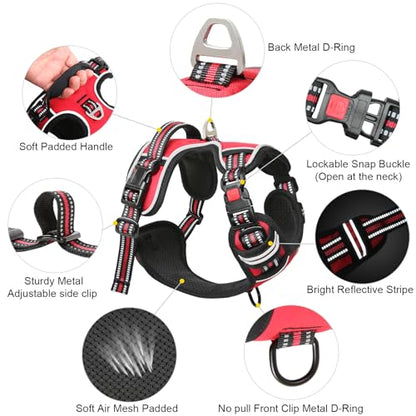 Dog Harness Small Sized, No Pull with Neck Lockable Snap,No Choke Front Clip Dog Reflective Harness,Adjustable Metal Rings 3 Buckles,Easy Control Handle for Small Dogs Red S - color: Lock Red, size: Small (Pack of 1)