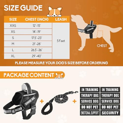 Service Dog Vest Harness and Leash Set, Animire in Training Dog Harness with 10 Dog Patches, Reflective Dog Leash with Soft Padded Handle for Small, Medium, Large, and Extra-Large Dogs (Black, XS) - color: Black, size: XS