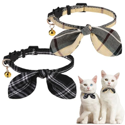 KOOLTAIL Cat Collar Breakaway with Bowtie and Bells, 2 Pack Cute Kitten Collars for Boys & Girls, Classic Plaid Design with Safety Buckle Adjustable for Small Large Cats Puppy,Black & Beige - color: Beige & Black Plaid