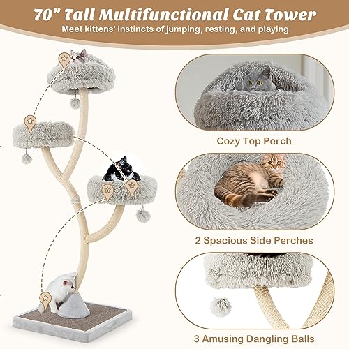 PETSITE 70" Tall Cat Tree, Cat Tower with Scratching Posts and Board, Multi-Level Cat Tower for Large Cats 20 lbs+ with 3 Cozy Perches and Dangling Balls, Modern Cat Tree for Indoor Cats Large Adult - color: Grey