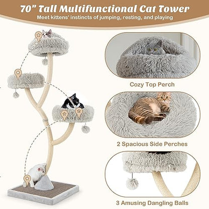 PETSITE 70" Tall Cat Tree, Cat Tower with Scratching Posts and Board, Multi-Level Cat Tower for Large Cats 20 lbs+ with 3 Cozy Perches and Dangling Balls, Modern Cat Tree for Indoor Cats Large Adult - color: Grey
