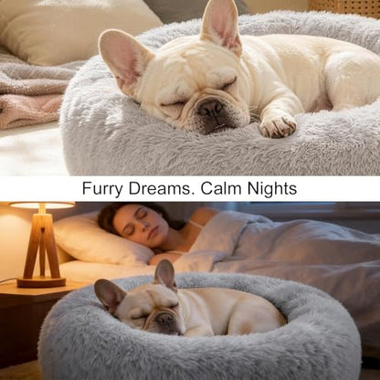 Dog Calming Beds for Small Medium Dogs - Round Donut Washable Dog Bed, Anti-Slip Faux Fur Fluffy Donut Cuddler Anxiety Cat Bed(Light Grey 28") - color: Light Gray, size: 28"L x 28"W x 8"Th