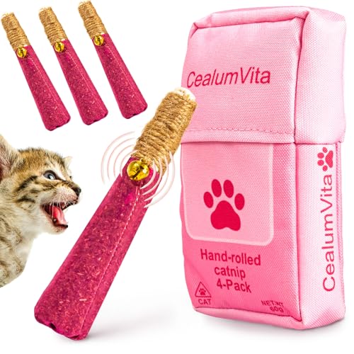 4 Pack Hand-Rolled Catnip Sticks with Chew Rope & Bell -Shaped Cat Toys for Indoor Cats and Kicker Toys, Teething Chew and Play Fun (Pink) - color: Pink