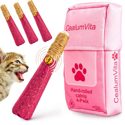 4 Pack Hand-Rolled Catnip Sticks with Chew Rope & Bell -Shaped Cat Toys for Indoor Cats and Kicker Toys, Teething Chew and Play Fun (Pink) - color: Pink