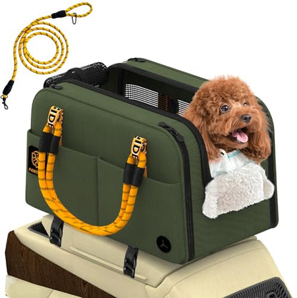 PAWZIDEA Center Console Dog Car Seat, Enclosed Small Dog Armrest Booster Carseat, Secure Straps &Anti Slip, Portable TSA Approved Puppy Pet Carrier Soft-Sided, Removable Pillow Storage Pocket, up 12lb - color: Forest Green