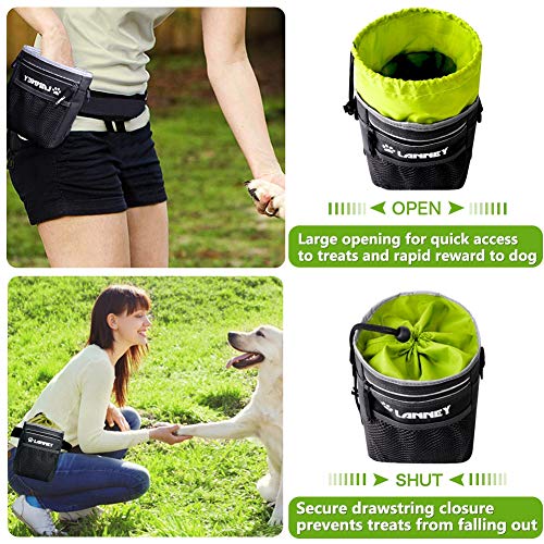Dog Treat Pouch Pet Training Bag for Small to Large Dogs, Treat Tote Carry Kibble Snacks Toys for Training Reward Walking, Metal Clip, Waist belt, Shoulder Strap, Poop Bag Dispenser, Black with Green - color: Pouch(Black with Green)+Clicker