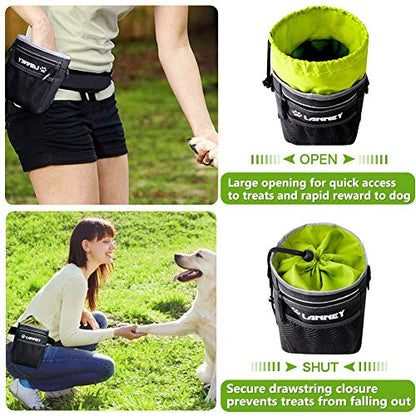 Dog Treat Pouch Pet Training Bag for Small to Large Dogs, Treat Tote Carry Kibble Snacks Toys for Training Reward Walking, Metal Clip, Waist belt, Shoulder Strap, Poop Bag Dispenser, Black with Green - color: Pouch(Black with Green)+Clicker
