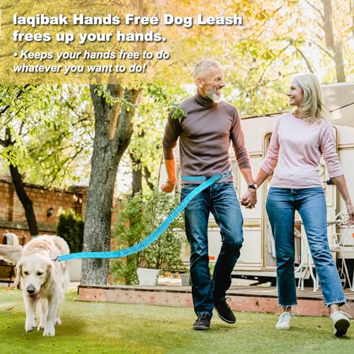 Laqibak Hands Free Dog Leash, Adjustable Waist Leash for Dog Walking, Dual Handle Bungee Dog 4.2-6.7 Feet Long with Reflective Stitches for Walking Hiking Running, Fits 26"- 43" Inch Waist, Blue - color: Blue